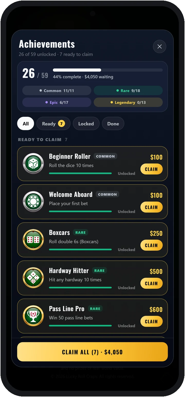 Achievements screen with 59 badges and rewards ready to claim