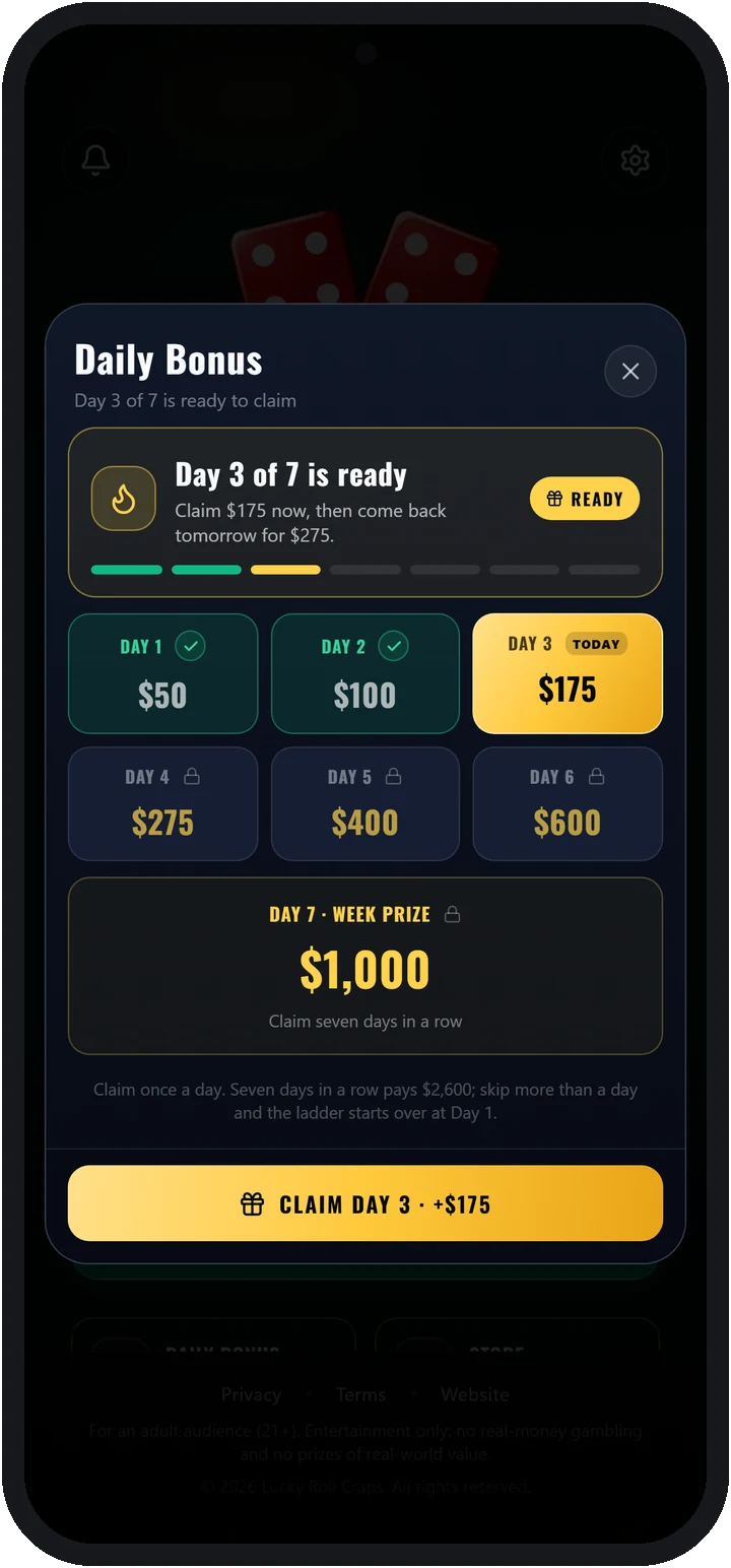 Daily Bonus screen with the seven-day ladder up to $1,000