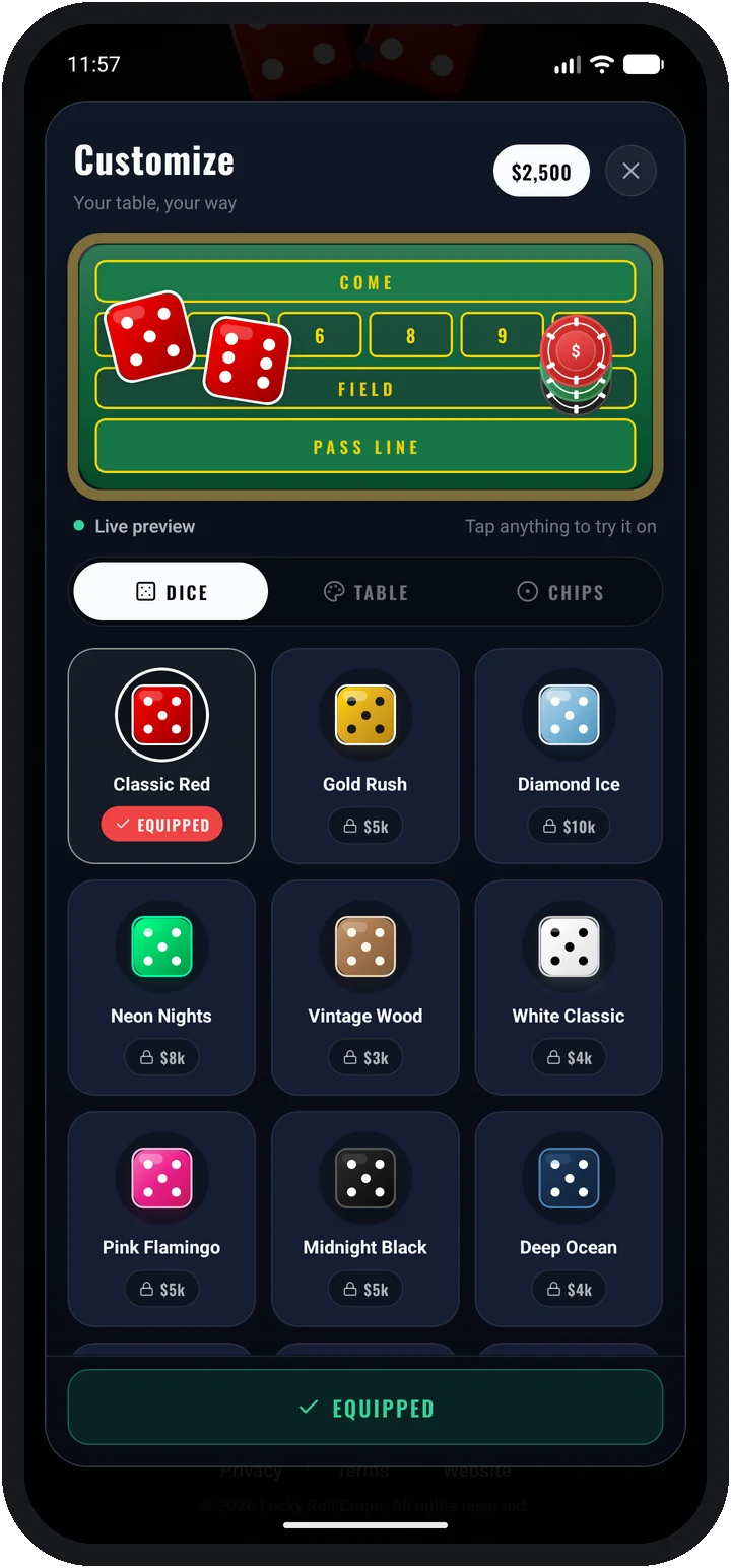 Customize screen with a live table preview and dice sets