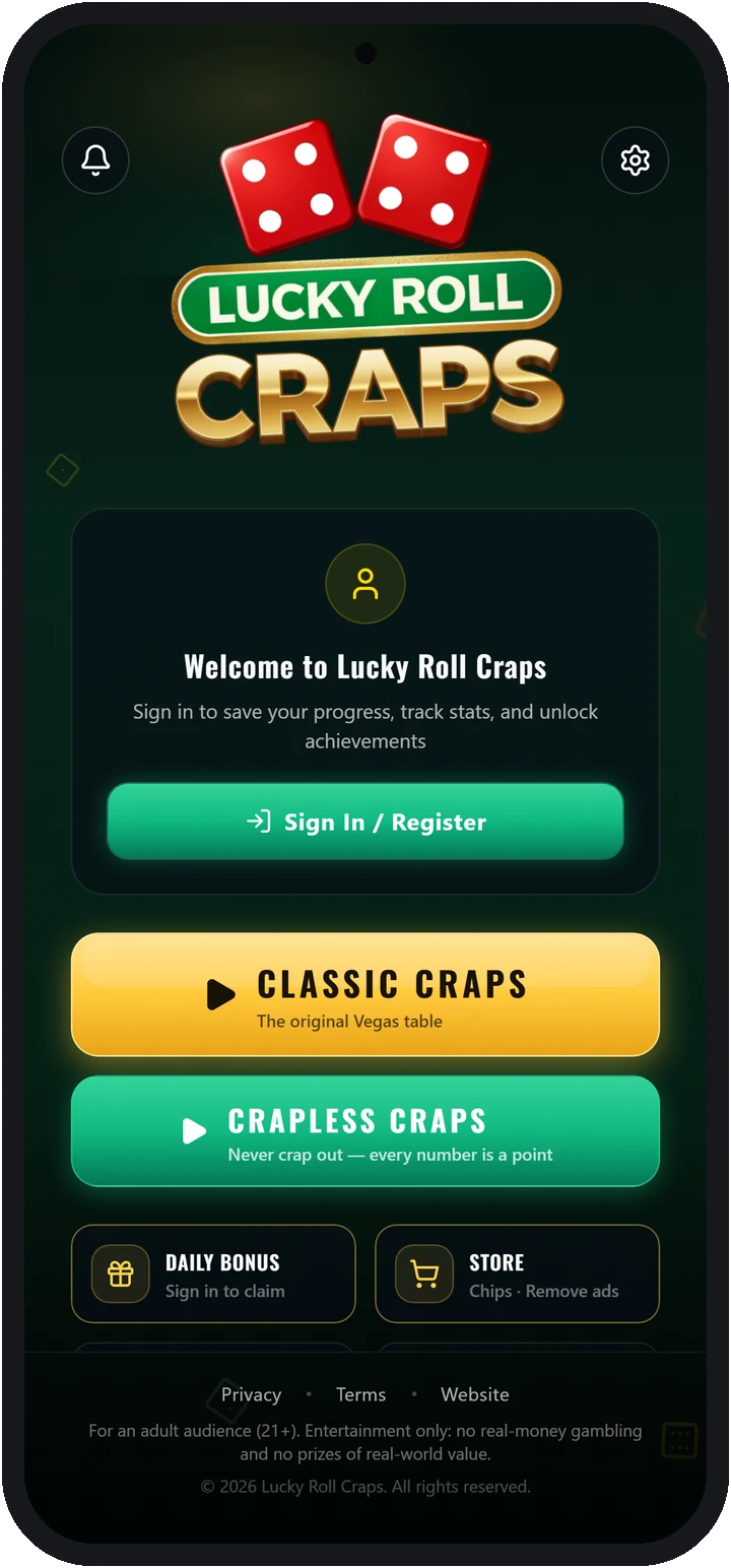 Home screen with Classic and Crapless tables