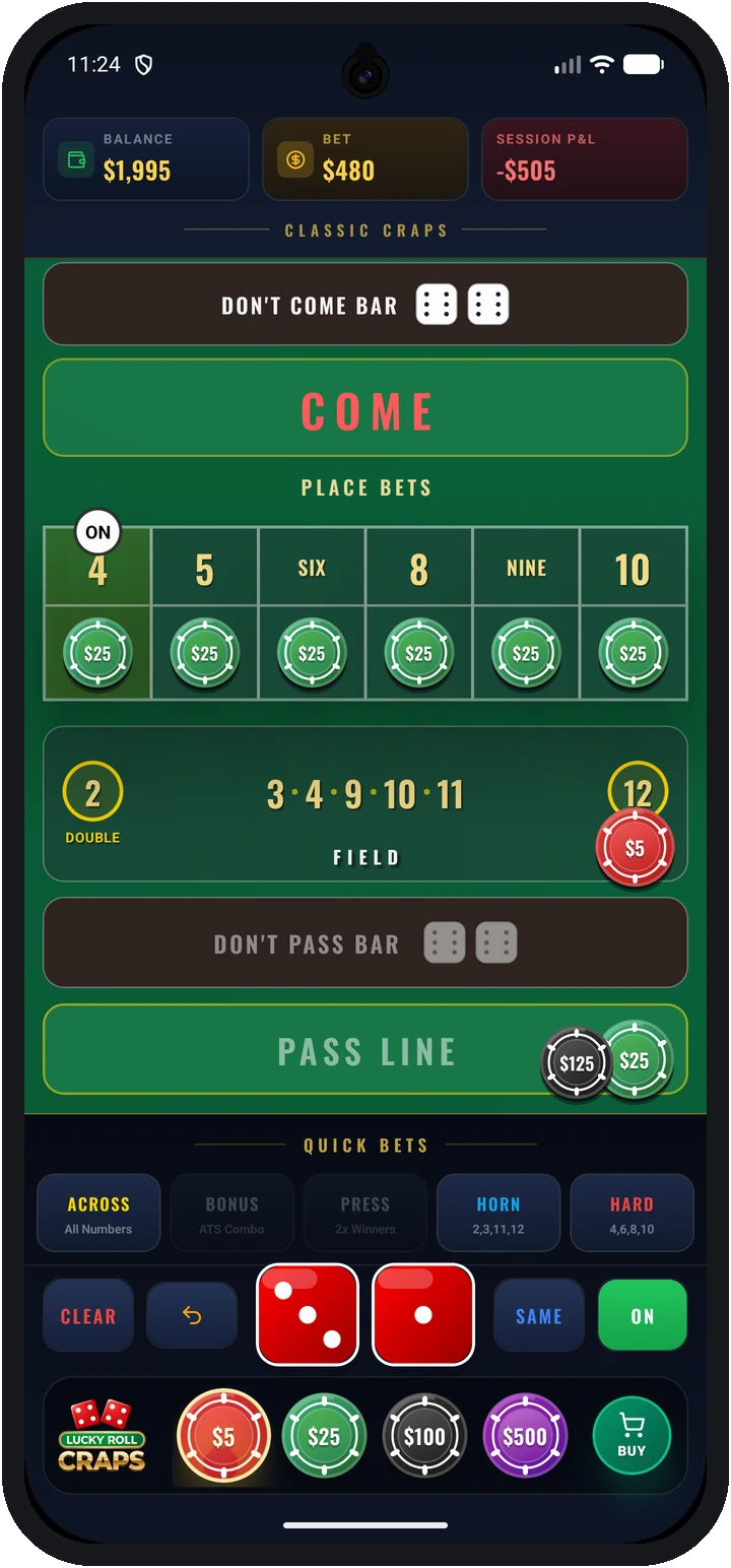 The craps table with bets placed
